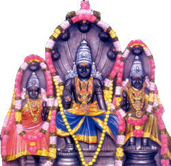 Lord Rahu seated with his two consorts.The statues clothing turn to blue, after the elaborate Abhishekam (milk ablution); Thirunageshwaram-Rahu Temple in Kumbakonam, Tamilnadu, Southern India. 